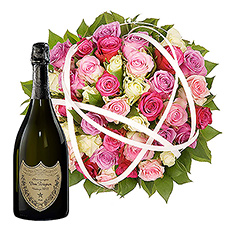 A superb bouquet with 50 perfumed rosebuds in pink shades and an exquisite bottle of Dom Pérignon Champagne.
