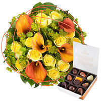 Comfort, celebrate or thank your friend, a dear family member or colleague with these bright flowers and a delicious Godiva Gold chocolates.