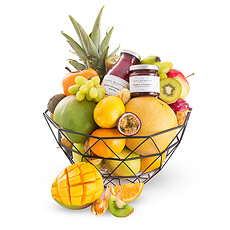 This stylish metal gift basket offers a scrumptious assortment of exotic and classic fruit, along with a pair of Royal Belberry sauces for a little extra treat.