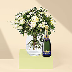 This beautiful bouquet of white roses has a fresh, classic style that is certain to please. Paired with delicious Pommery Champagne, it is the perfect gift idea for weddings, engagements, birthdays, and anniversaries.
