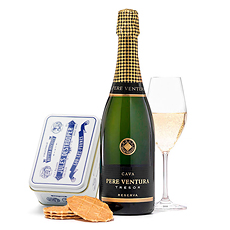 Send cookies as a gift to Spain in honor ofany corporate occasion. This Cava sparkling wine and Destrooper cookies present is a unique gift for Europe.