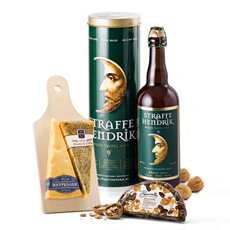 Send Chimay Trappist Ale from Belgium paired with Dutch cheese and a delicious nut & date mix to friends and family in Europe.