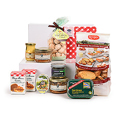 An elegant gourmet picnic hamper is packed with an abundance of the finest French foods. Classic savory spreads, crisp breads, butter puffs, caramel cookies, and more await discovery in this beautiful gourmet gift inspired by the best flavors of France.