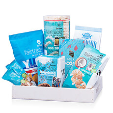Discover the perfect balance of sweet and salty Fair Trade Oxfam snacks, beautifully arranged in a white gift tray.