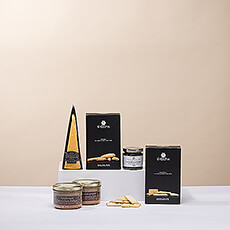 This sophisticated collection of gourmet spreads, cheese, crackers, and nuts is hand packed into an elegant woven basket. It is an ideal savory gourmet hamper for corporate gifting and special occasions.