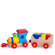 A classic wooden train with building bricks.