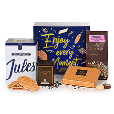 A cheerful Jules Destrooper gift box is filled with favorite treats for a relaxing snack, teatime, or dessert. Delicious coffee, tea, biscuits, and Godiva chocolates await the lucky recipient.