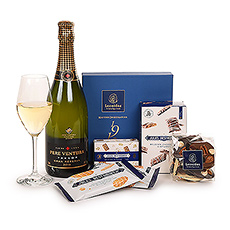 Enjoy the winning combination of classic Belgian biscuits from Jules Destrooper, fine Leonidas Heritage pralines and chocolate Mendiants, accompanied with a bottle of sparkling Spanish Père Ventura cava in this stylish gift box.