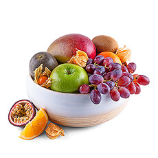 Treat someone special to this stylish new fruit gift. A scrumptious selection of classic and exotic fresh fruit is presented in a beautiful LO Tableware bamboo bowl.