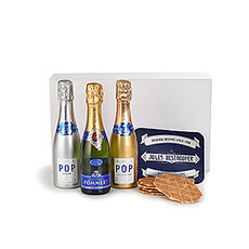 This petite gift packs a lot of wow! A trio of mini Pommery Champagne bottles is presented with a mini tin of delicious Destrooper classic Butter Crisps. This is a wonderful gift idea for Christmas, New Year's, birthdays, and anniversaries.
