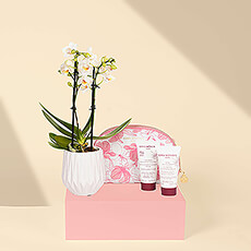 Do you know a woman who could use a little time to relax and rejuvenate? This Cinq Mondes luxury skincare gift with a mini orchid beckons her to enjoy a little spa day right in her own home.