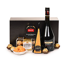 A unique champagne gift combined with cheese, foie gras and chocolates is what you find in this luxury gift box.