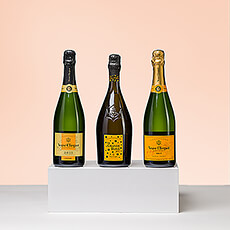 Presenting the ultimate VIP gift: a Veuve Clicquot Champagne tasting experience featuring three magnificent cuvées of the legendary house. Enjoy full-sized 75 cl bottles of lively La Grande Dame Artist, luxurious Veuve Clicquot Vintage 2015 Reserve, and classic Veuve Clicquot Brut.