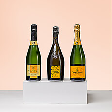 Presenting the ultimate VIP gift: a Veuve Clicquot Champagne tasting experience featuring three magnificent cuvées of the legendary house. Enjoy full-sized 75 cl bottles of lively La Grande Dame Artist, luxurious Veuve Clicquot Vintage 2015 Reserve, and classic Veuve Clicquot Brut.