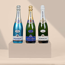 Discover the delicious range of famous Pommery Champagne in this impressive Champagne tasting gift set. The trio of full-sized 75 cl bottles include classic Pommery Brut Royal, elegant Brut Apanage Blanc de Blancs, and contemporary Royal Blue Sky Sur Glace.