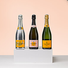 Veuve Clicquot Champagne is synonymous with prestige and elegance. For an unforgettable gift, present this exquisite trio of Veuve Clicquot's fine Champagnes: classic Brut, lovely Rosé, and fresh "Rich."