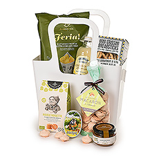 We hand pack this stylish Koziol tote with the best flavors of the season, for a gift that is sure to delight friends and family alike. Enjoy favorites such as Fossier Macarons, hazelnut croquant cookies, breadsticks and tapenade, elderflower lemonade, and more.