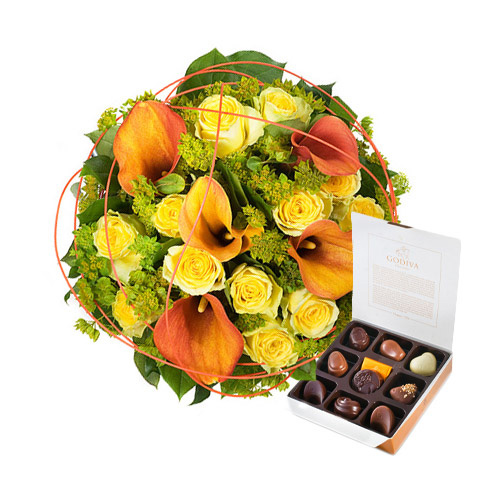 Charming Gold Bouquet & Godiva Chocolates
