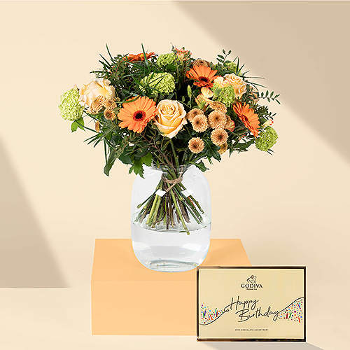 Fresh Orange Bouquet & Godiva Happy Birthday Chocolates