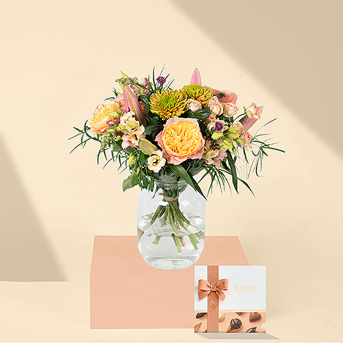 Salmon & Pink Mix Bouquet & Neuhaus Chocolates