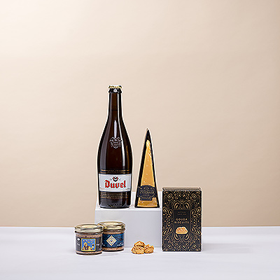 A delicious bottle of Duvel Belgian beer is presented with Dutch cheese, a duo of artisan Belgian beer patés, and tasty biscuits.