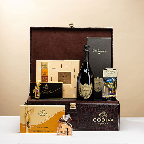 Lujosa cesta Godiva y Dom Pérignon