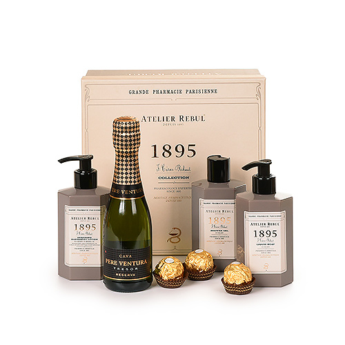 Atelier Rebul 1895 gift box, Cava Pere Ventura mini & Ferrero Rocher