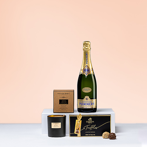 Atelier Rebul Hemp Leaves candle, Pommery Grand Cru champagne & Godiva truffles