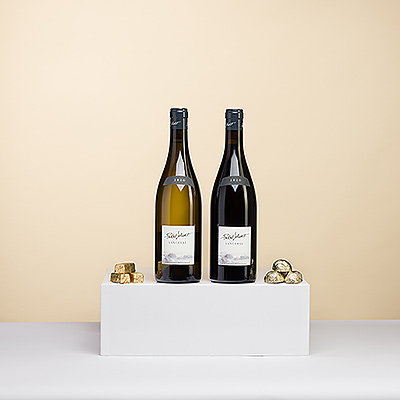 The best gift to say thank you or to show your appreciation for someone dear is a pair of remarkable Sancerre wines from Pascal Jolivet, that breathe quality, taste and talent. And a small touch of gold with fine Belgian Corné Port Royal chocolates to finish of this small hospitality gift.