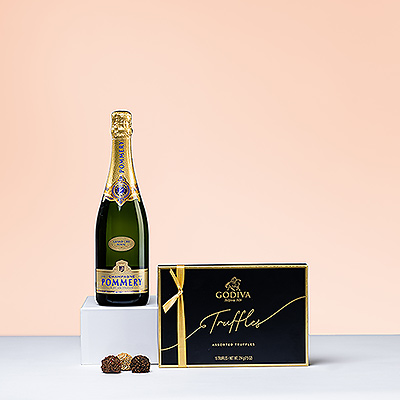 Un regalo sensacional para todos los que se merecen un capricho. El maridaje perfecto de trufas de chocolate belga Godiva con Champagne Pommery Grand Cru Royal de primera calidad será sin duda bien recibido.