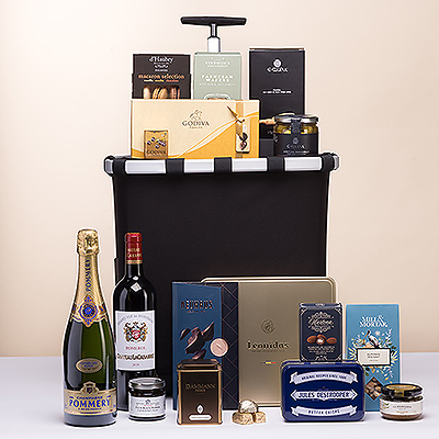 This unique gift is a delicious blend of the best European gourmet foods with award-winning European design. We have hand packed an irresistible collection of sweet and savory snacks into the Reisenthel Carrycruiser. This VIP gift with Pommery Grand Cru Royale Millésimé is ideal for holidays, weddings, special birthdays, and for families.
