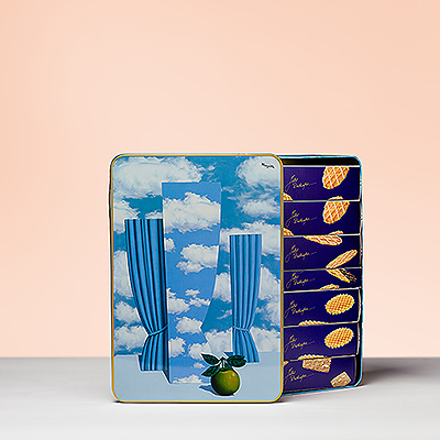 The Jules Destrooper Magritte XL Le Beau Monde gift tin holds a tasty collection of everyone's favorite Destrooper biscuits.