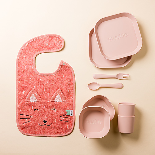 Mushie Dinner Set Blush & Mr.Cat Bib