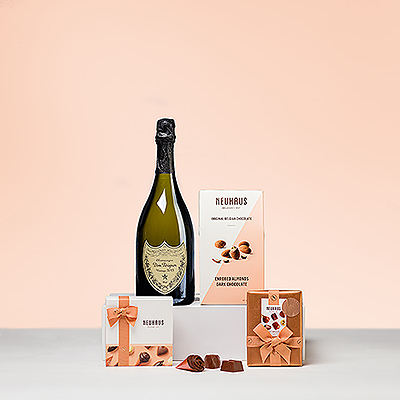 Überraschen und beeindrucken Sie mit dieser Kombination aus Dom Pérignon Champagner und luxuriöser belgischer Neuhaus Schokolade.