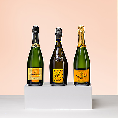 Presentamos el regalo VIP definitivo: una experiencia de cata de champán Veuve Clicquot con tres magníficas cuvées de la legendaria casa. Disfrute de botellas de 75 cl de La Grande Dame Artist, el lujoso Veuve Clicquot Vintage 2015 Reserve y el clásico Veuve Clicquot Brut.