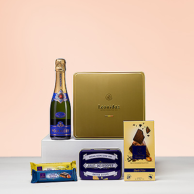 Toast to festive occasions with a delightful half bottle &#40;37.5 cl&#41; of fine, delicate Pommery Brut Royal Champagne with Leonidas chocolates & Destrooper cookies.