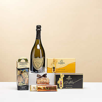 Express your esteem for friends, family, and business associates with the magnificent pairing of legendary Dom Pérignon vintage Champagne and luxury Godiva chocolates. This exquisite Champagne and chocolate gift is a favorite to give and to receive.