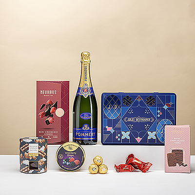 Indulge in a luxurious gift of gourmet chocolates, biscuits, and Pommery Brut Royal Champagne. Perfect for sharing or gifting during special occasions.