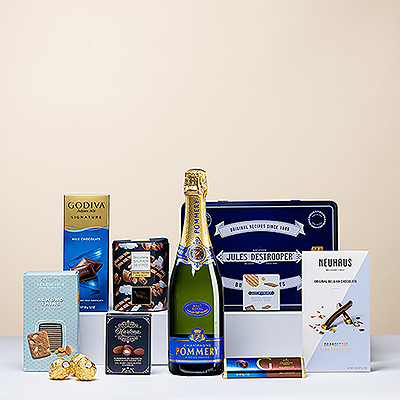 ¡Este es el regalo que estabas buscando! La colección definitiva de chocolates y dulces gourmet se ha maridado con el placer clásico del champán francés Pommery Brut Royal.