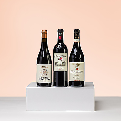 Pruebe los variados sabores de los vinos tintos europeos en este hermoso trío de vinos de Francia, España e Italia.