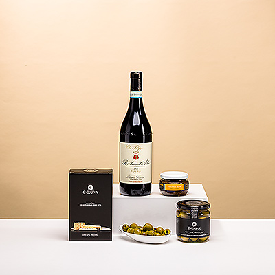 Enjoy the perfect pairing of a Barbera d&#39;Alba Vigna Veja red wine with gourmet European savory snacks. This wine & snacks gift is an easy choice when you need a gift that will please your family, friends, or colleagues.