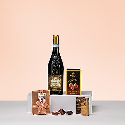 Die reiche Kombination eines rubinroten italienischen Weins mit luxuriösen belgischen Pralinen sollte man sich nicht entgehen lassen. Entdecken Sie die Genüsse von Neuhaus Frischmilch-, Zartbitter- und weißer Schokolade Timeless Masterpieces und Godiva Trüffel und Perlen.