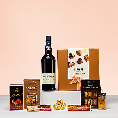 The pleasures of fine port and premium Belgian chocolates and other sweets are combined in this stylish gift. Smith Woodhouse Fine Ruby port wine is wonderful to sip with luxury Neuhaus Belgian chocolate pralines, Godiva truffles, chocolate bars, and cappuccino Pearls, rich macarons, and more.