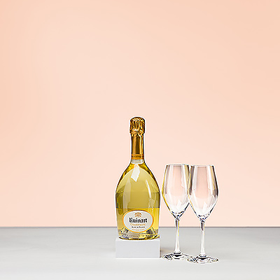 Si vous voulez un cadeau champagne très élégant qui ne manquera pas d'impressionner, envoyez cette magnifique bouteille de champagne Ruinart Blanc de Blancs avec une paire de verres à champagne Schott Zwiesel très élégants.