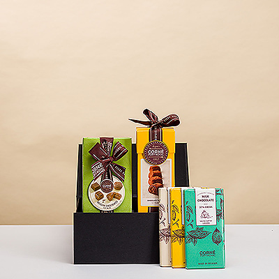 Surprise someone with sweet pleasure of milk chocolate with this gift hamper filled with fine Corné Port-Royal chocolates from Belgium.