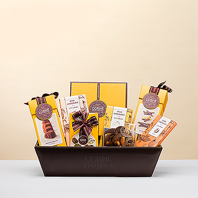 Discover the ultimate gift for chocolate lovers: a beautiful brown hamper filled with Belgian chocolate delights from Corné Port-Royal.