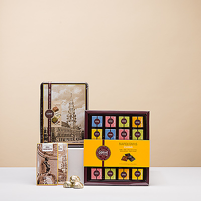 À la recherche d'un cadeau typiquement belge ? Eh bien, la tour cadeau en chocolat belge de Corné Port-Royal est le cadeau qu'il vous faut. Cet ensemble cadeau composé de fines gourmandises en chocolat est créé par la célèbre chocolaterie belge avec du cacao de haute qualité et des années d'expérience dans la fabrication traditionnelle du chocolat.