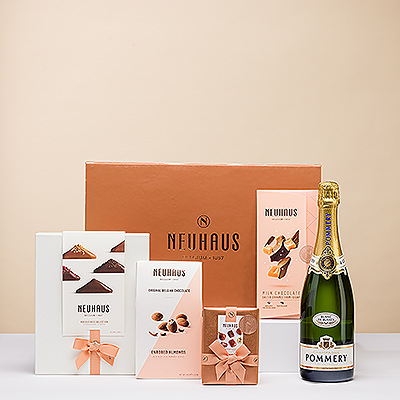 Rien de plus élégant que la combinaison du champagne français et des chocolats belges. Ce cadeau exquis révèle la perfection du chocolat de luxe Neuhaus et du champagne Pommery Blanc de Blancs.