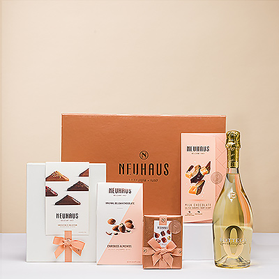 Presenting a beautiful gift with luxury Neuhaus Belgian chocolates and Bottega Zero non-alcoholic sparkling wine.