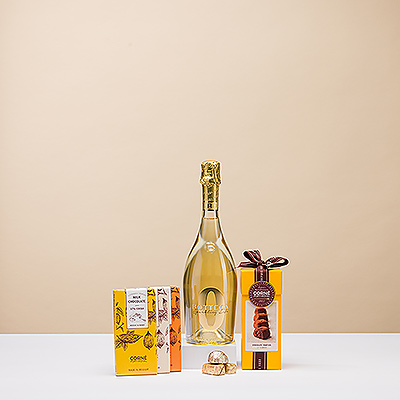 Espumoso y dulce, este elegante set de regalo lo tiene todo. Nadie podrá resistirse a la combinación del vino espumoso sin alcohol Bottega Zero con los bombones belgas Corné Port-Royal.